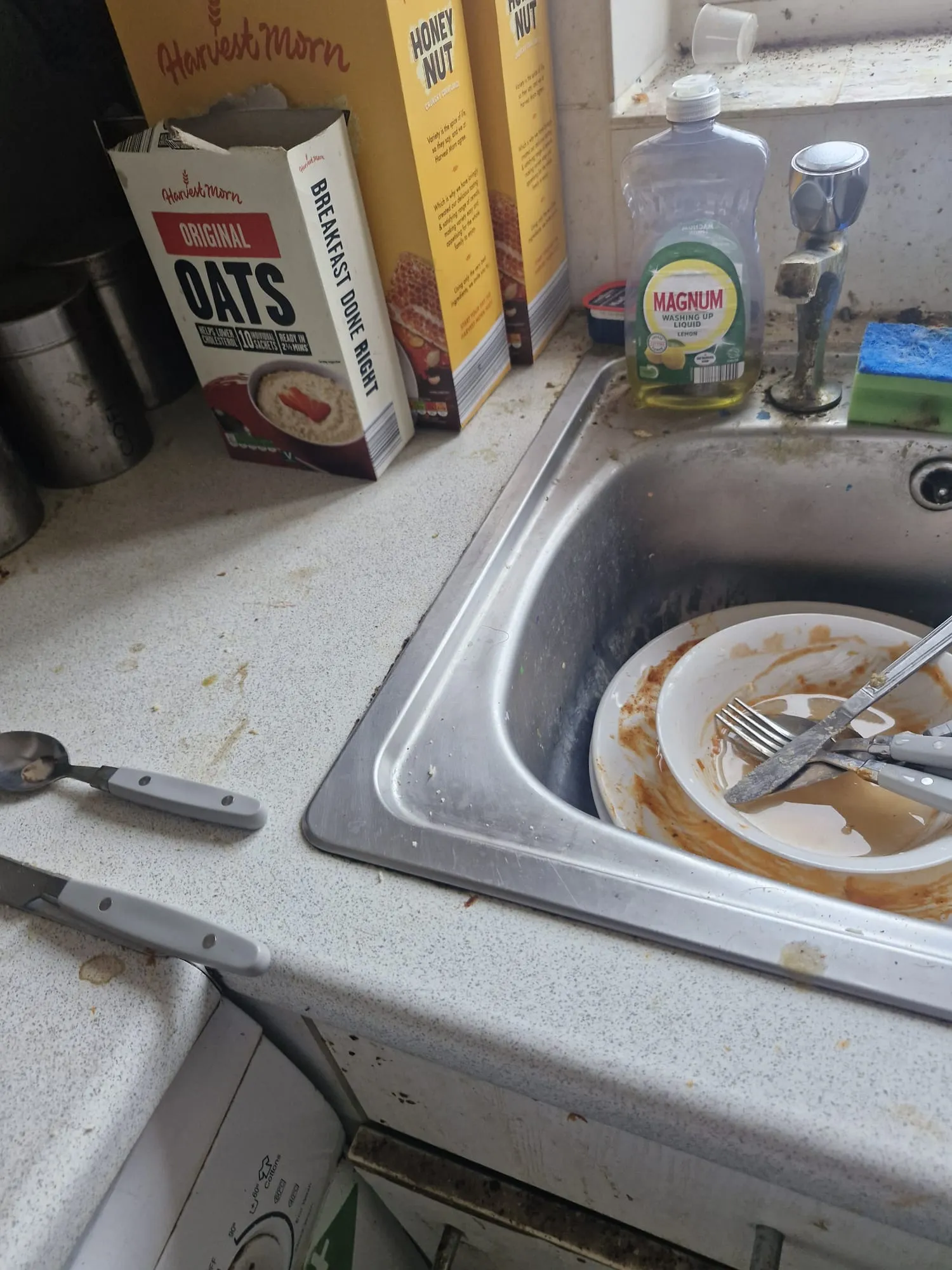 Before specialist cleaning: heavily soiled kitchen sink and worktop in an occupied Colchester home